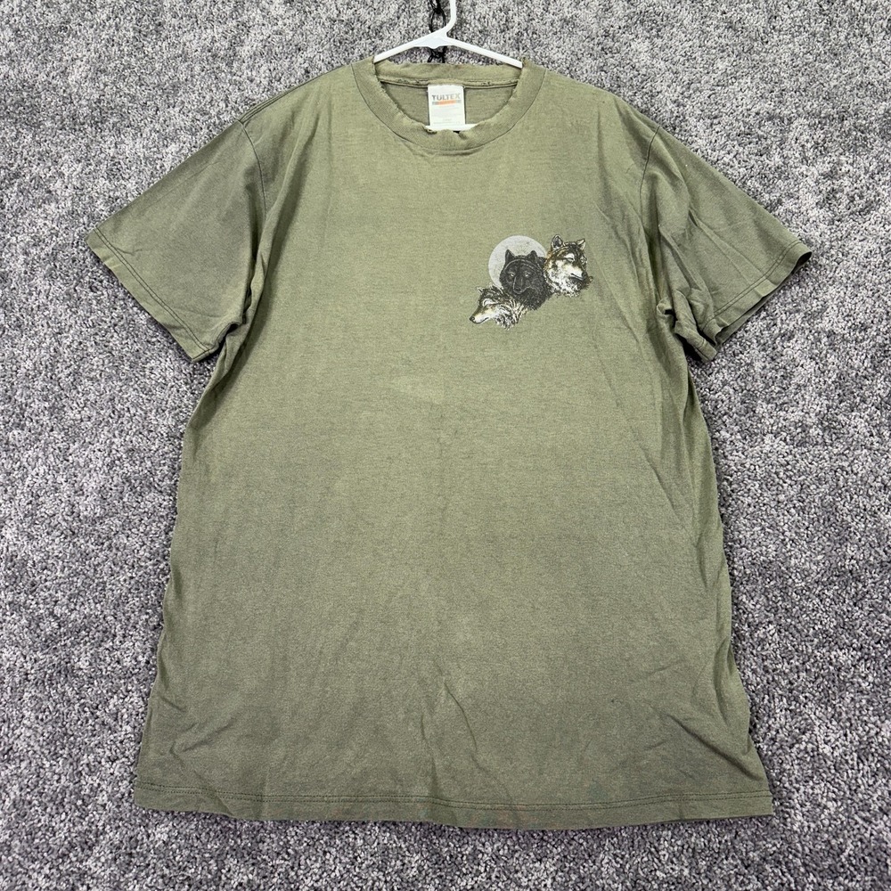 Vintage Tultex Shirt Mens Large Green Wolves Moon Graphic Tee USA Wildlife 1996